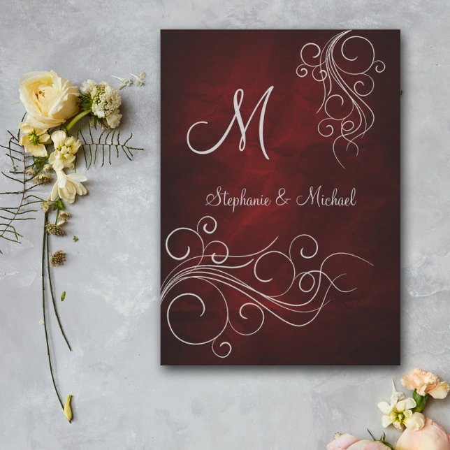 Elegant Red Silver Monogram Wedding Invitation