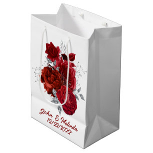 elegant red silver rose add name date medium gift bag