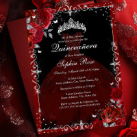 Elegant Red Silver Rose Dress Quinceanera