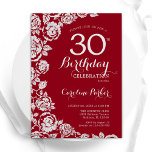 Elegant Red Silver Roses 30th Birthday Party Invitation<br><div class="desc">Red silver floral 30th birthday party invitation. Elegant design featuring roses,  faux silver foil and typography script font. Trendy invite card perfect for a stylish female bday celebration. Can be customized to any age. Printed Zazzle invitations or instant download digital printable template.</div>
