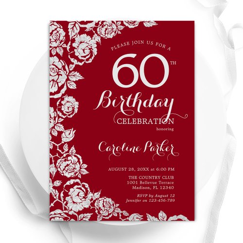 Elegant Red Silver Roses 60th Birthday Party Invitation