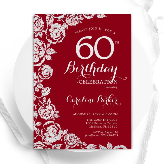 Elegant Red Silver Roses 60th Birthday Party Invitation (Creator Uploaded)