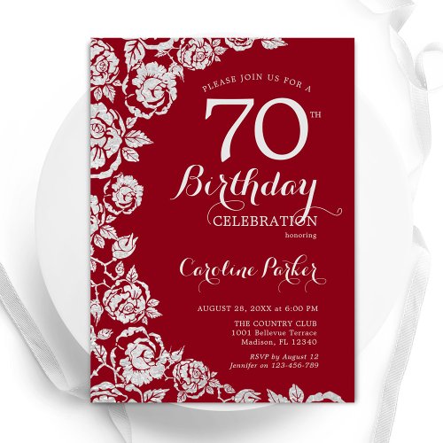 Elegant Red Silver Roses 70th Birthday Party Invitation