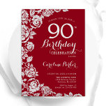 Elegant Red Silver Roses 90th Birthday Party Invitation<br><div class="desc">Red silver floral 90th birthday party invitation. Elegant design featuring roses,  faux silver foil and typography script font. Trendy invite card perfect for a stylish female bday celebration. Can be customized to any age. Printed Zazzle invitations or instant download digital printable template.</div>