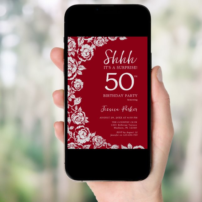 Elegant Red Silver Roses Surprise 50th Birthday Invitation (Front Digital)