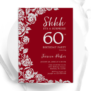 Elegant Red Silver Roses Surprise 60th Birthday Invitation
