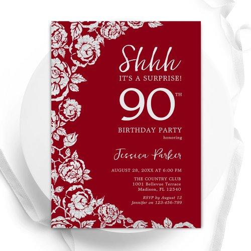 Elegant Red Silver Roses Surprise 90th Birthday Invitation