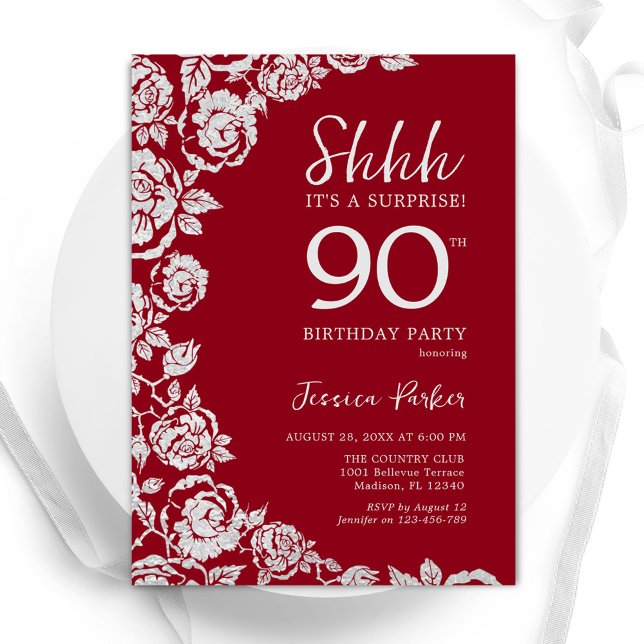 Elegant Red Silver Roses Surprise 90th Birthday Invitation (Creator Uploaded)