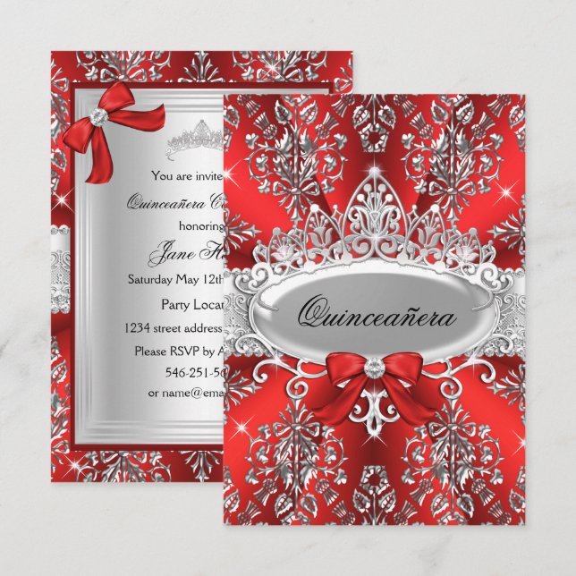 Elegant Red Silver Tiara Damask Quinceanera Invite (Front/Back)