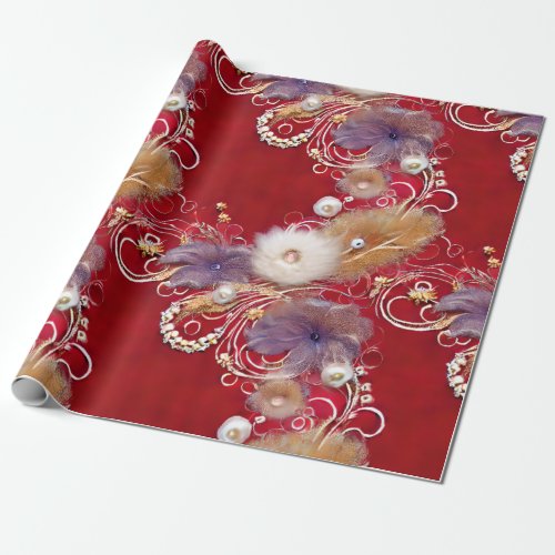 Elegant Red Silvery Golden Feathers Beaded Pearl Wrapping Paper