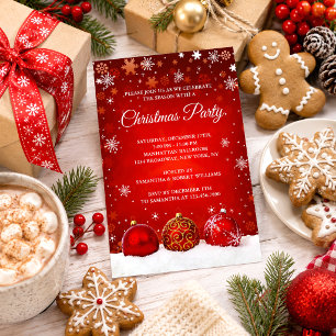 Elegant Red Snowflake Christmas Party Invitation