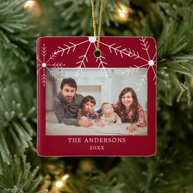 Elegant Red Snowflake Family Photo Christmas Ceramic Ornament (Tree)