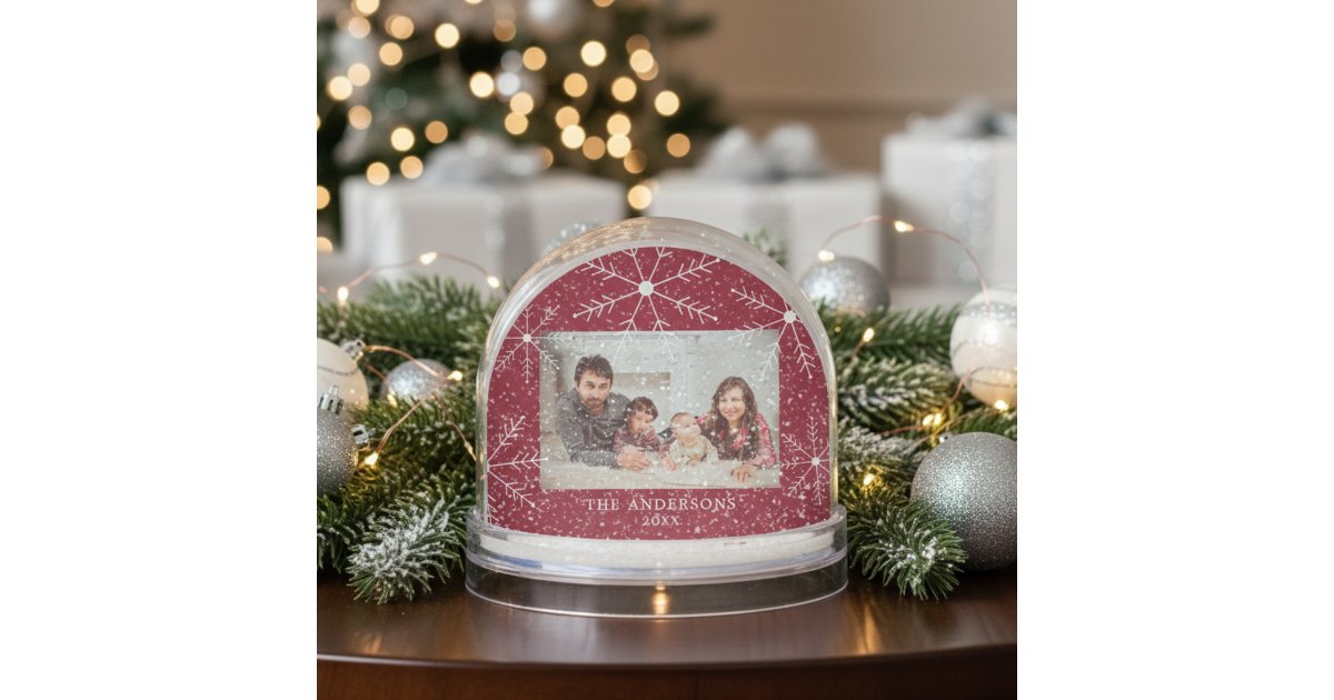 Elegant Red Snowflake Family Photo Christmas Snow Globe | Zazzle