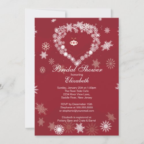 Elegant Red Snowflake Heart Winter Bridal Shower Custom Invitations