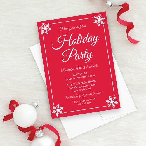 Elegant Red Snowflake Script Holiday Party Invitation