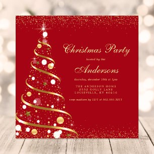 Elegant Red Sparkle Christmas Tree Party Invitation