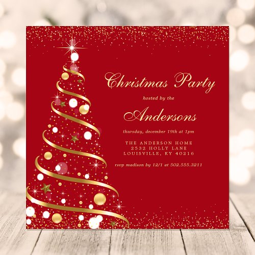 Elegant Red Sparkle Christmas Tree Party Invitation