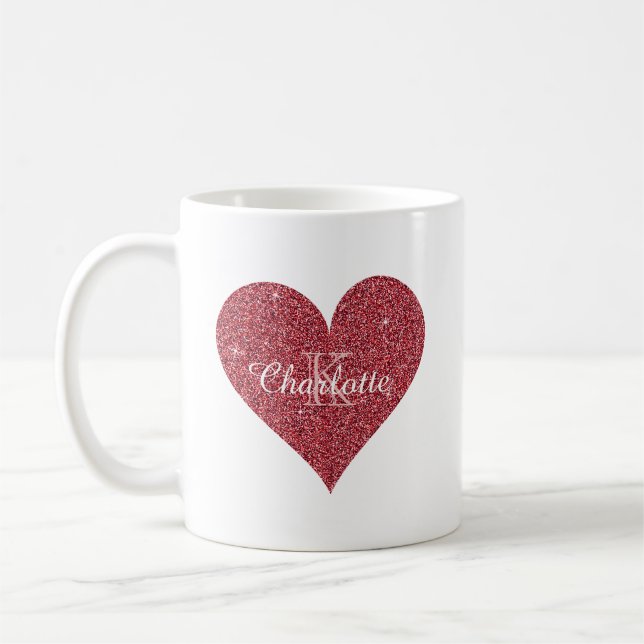 Elegant Red Sparkle Glitter Heart Monogram Coffee Mug (Left)
