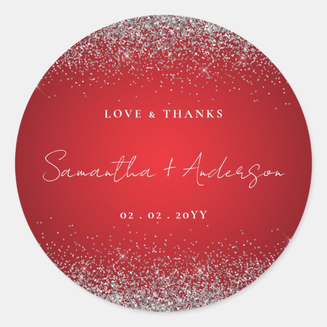 Elegant Red & Sparkle Wedding  Classic Round Sticker (Front)