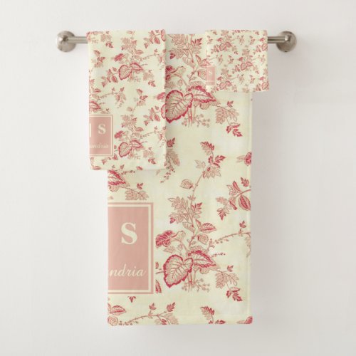 Elegant Red Strings of Hearts  Floral Monogram Bath Towel Set