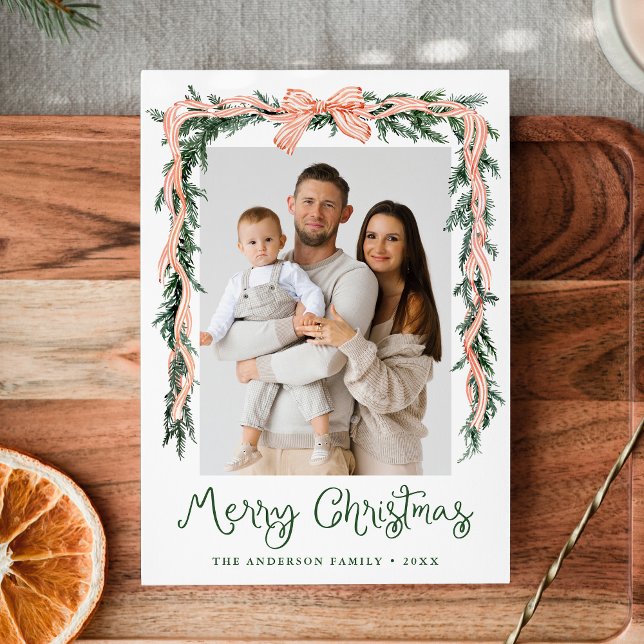 Elegant Red Striped Bow Greenery 4 Photo Holiday Card (Creator Uploaded)