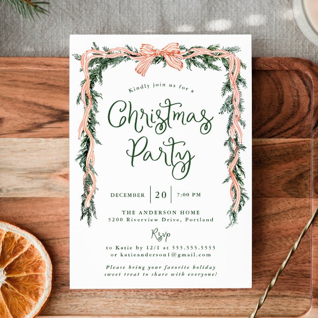 Elegant Red Striped Bow Greenery Christmas Party Invitation (Creator Uploaded)