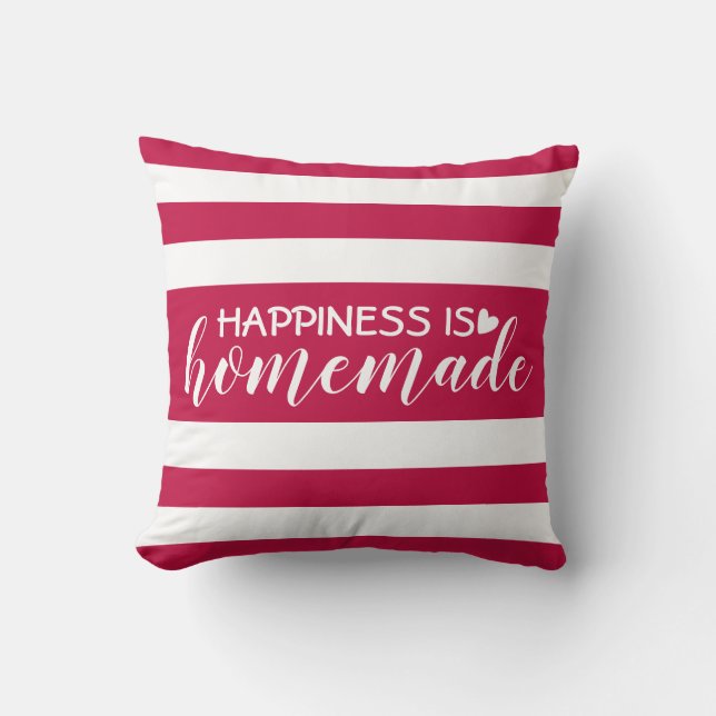 Elegant Red Striped Saying Happiness is Homemade Throw Pillow (Front)