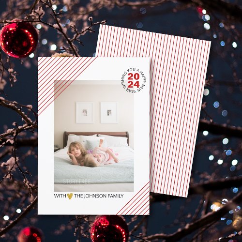 Elegant red stripes New Years 2024 red photo Holiday Card