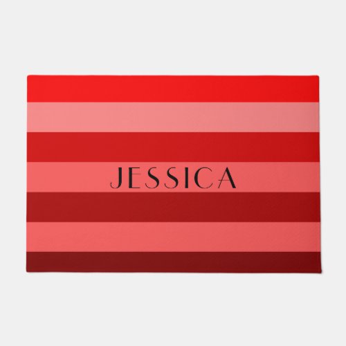 Elegant Red Stripes Pattern Custom Name Doormat