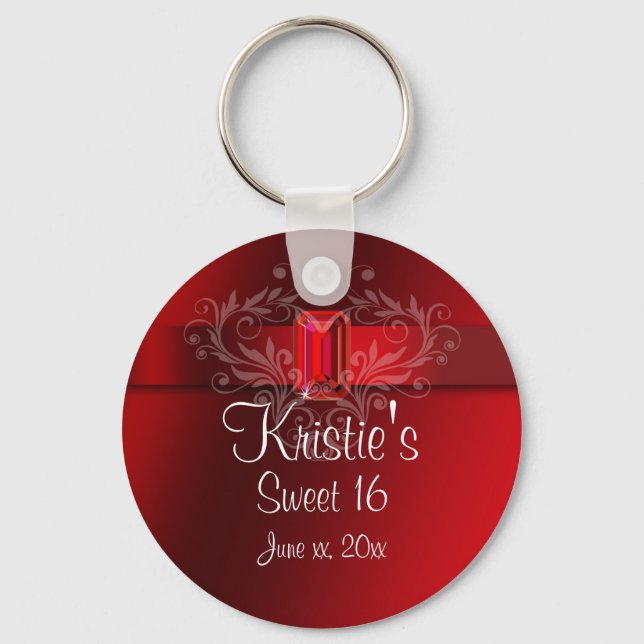 Elegant Red Sweet Sixteen Party Favor Key Chain (Front)
