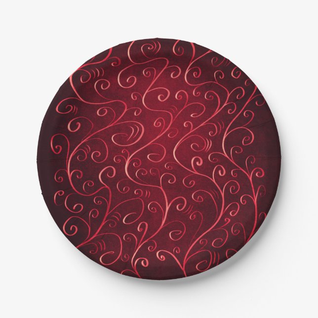 Elegant Red Swirl Pattern Paper Plates (Front)