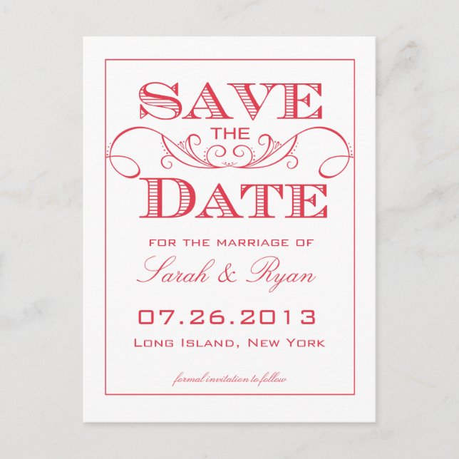 Elegant Red Swirl Save the Date Postcard (Front)