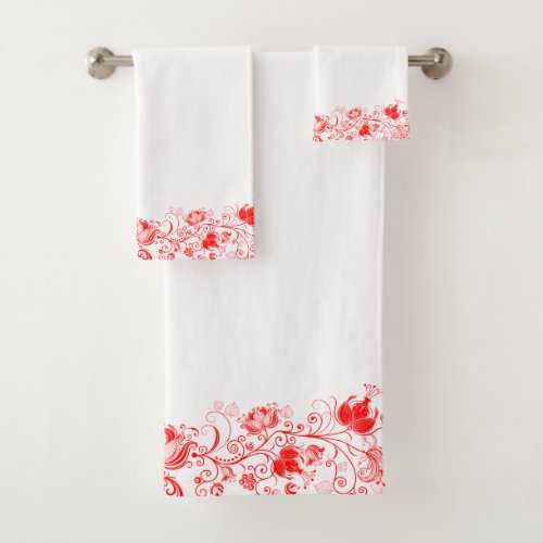 Elegant Red Swirls Floral Border Bath Towel Set