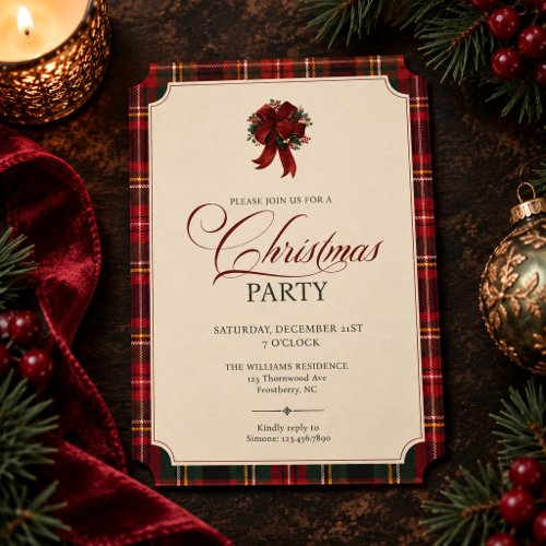 Elegant Red Tartan Plaid Bow Christmas Party Invitation
