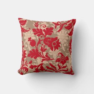 Elegant Red, Taupe & Beige Floral Throw Pillow
