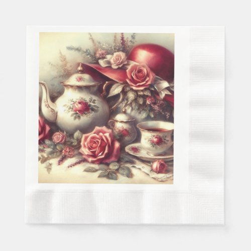 Elegant Red Tea Party Floral Paper Napkin