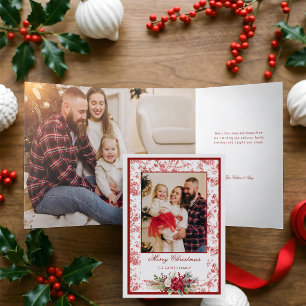 Elegant Red Toile w/Winter Floral Photo Tri-Fold Card