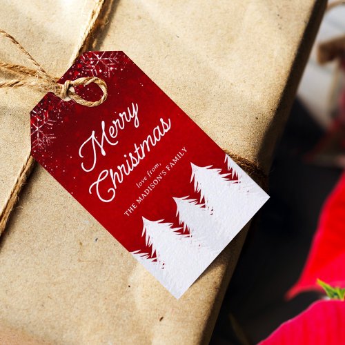Elegant Red  Trees  Snowflakes Christmas Party Gift Tags