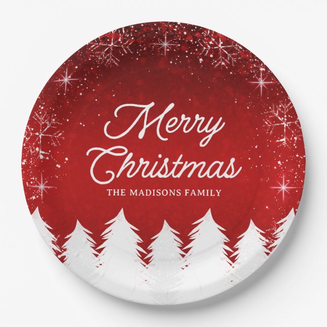 Elegant Red | Trees & Snowflakes Christmas Party Paper Plates (Front)