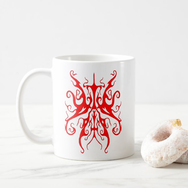 Elegant Red Tribal Mask Abstract Design Coffee Mug (With Donut)