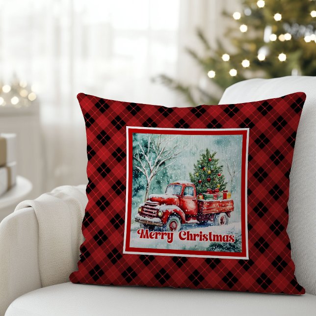 Elegant red truck winter scene rustic festive  throw pillow (Classic Christmas  THROW PILLOW,
modern Traditional red truck car,
watercolor cozy Christmas scene,
)