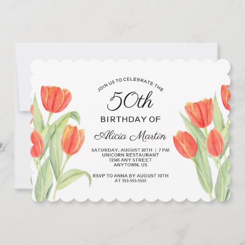 Elegant Red Tulip Flora 50th Birthday Invitation