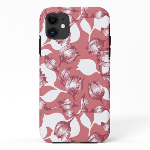 Elegant Red Tulip Silhouette Floral Pattern iPhone 11 Case
