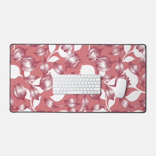 Elegant Red Tulip Silhouette Floral Pattern Desk Mat