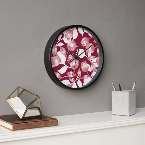 Elegant Red Tulip Silhouette Floral Pattern II Clock