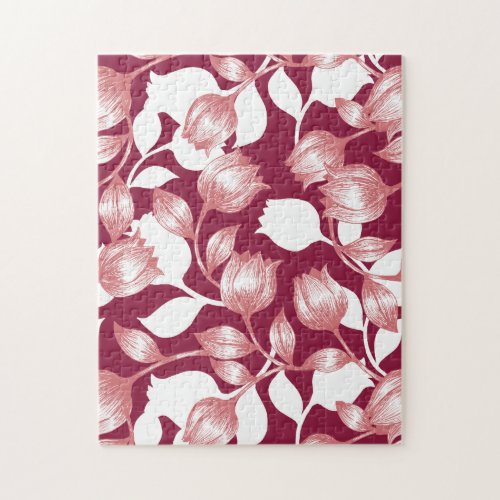 Elegant Red Tulip Silhouette Floral Pattern II Jigsaw Puzzle