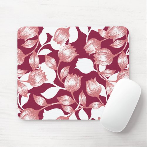 Elegant Red Tulip Silhouette Floral Pattern II Mouse Pad