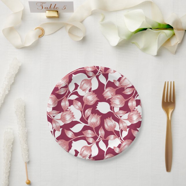 Elegant Red Tulip Silhouette Floral Pattern II Paper Plates (Wedding)