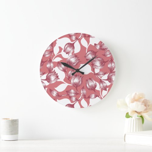 Elegant Red Tulip Silhouette Floral Pattern Large Clock