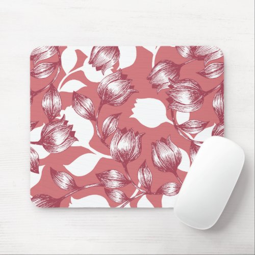 Elegant Red Tulip Silhouette Floral Pattern Mouse Pad